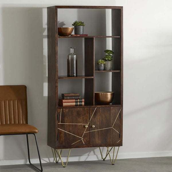 Aaliyah bookcase shelving unit, mango wood and brass
